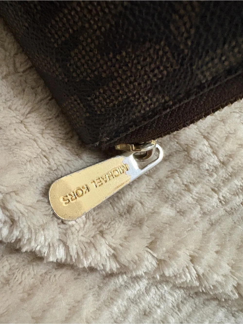 Michael Kors Dark Brown Signature Zip Wallet with Gold Plate